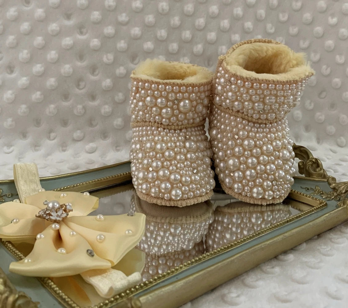 Dollbling Mommy & Daughter Custom Pearls Boots - Handmade Luxury Fur Infant Beaded Winter Booties