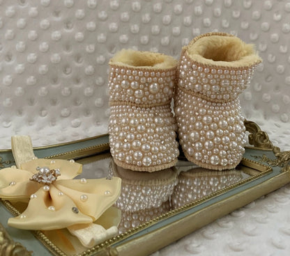 Dollbling Mommy & Daughter Custom Pearls Boots - Handmade Luxury Fur Infant Beaded Winter Booties