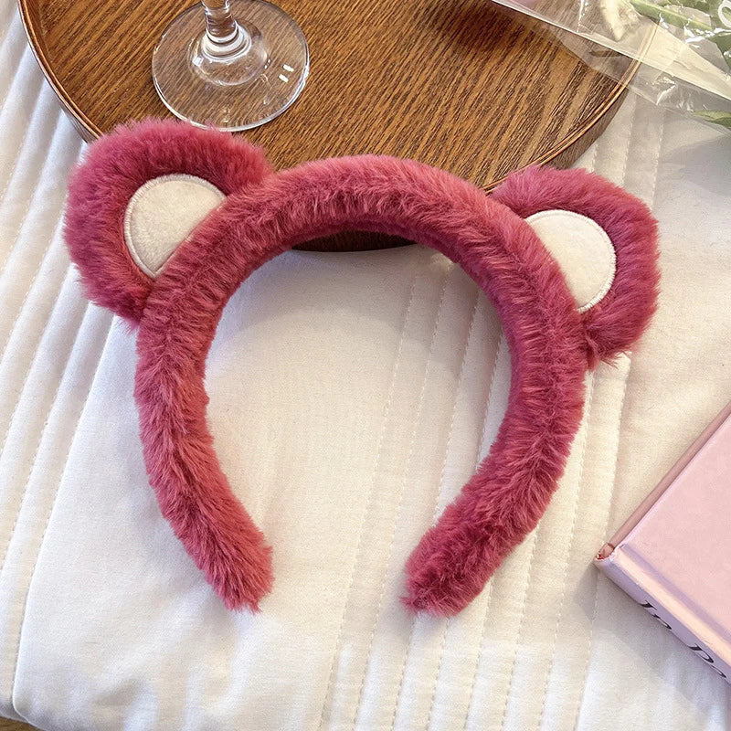 Strawberry Bear Plush Ear Face Wash Headband - Cute Cartoon Non-Slip Hairband for Women, Soft Cashmere
