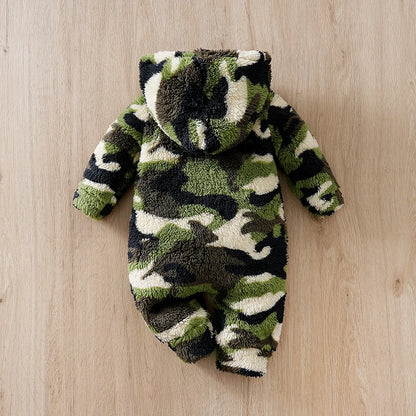 Winter Baby Boy Hoodie Jumpsuit – Plush Camouflage Romper (Fashionable & Warm, 0-1 Year)
