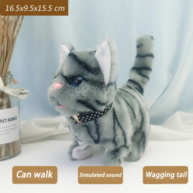 New Walking Kitty Plush Toy, Electric Interactive Meowing Cat with Wagging Tail and Nodding Head, Stuffed Animal Pet Toy Gift for Kids