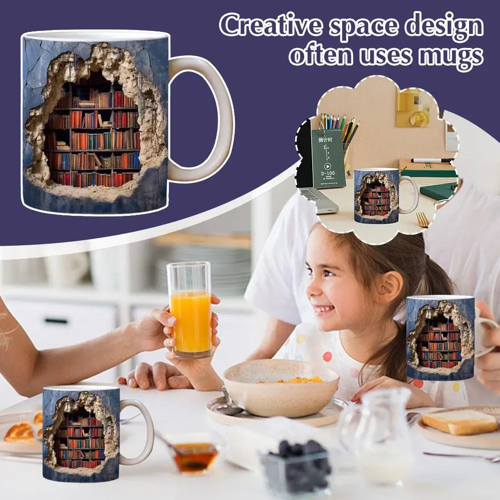 3D Bookshelf Ceramic Coffee Mug - Book Lovers Novelty Cup, Multi-Purpose Gift (3.5 in)