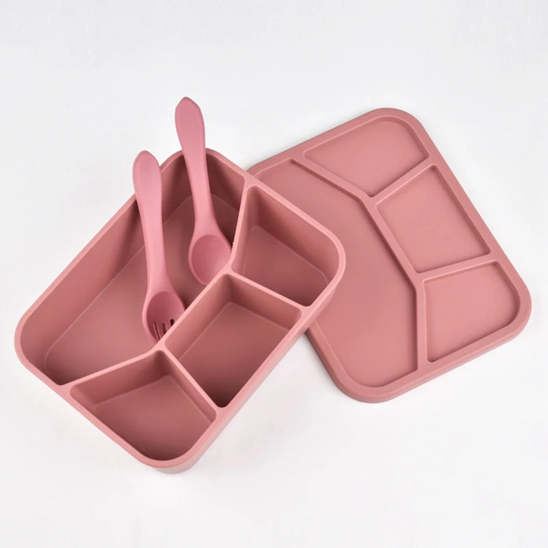 Silicone Lunch Box with Cover, Fork & Spoon – Reusable Fresh-Keeping Food Containers, Fruit Snack Bento Box, Picnic Case