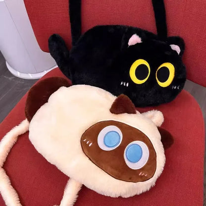Cat Soft Plush Backpack – Kawaii Black Cat Plush Toy Crossbody and Shoulder Bag for Kids and Women