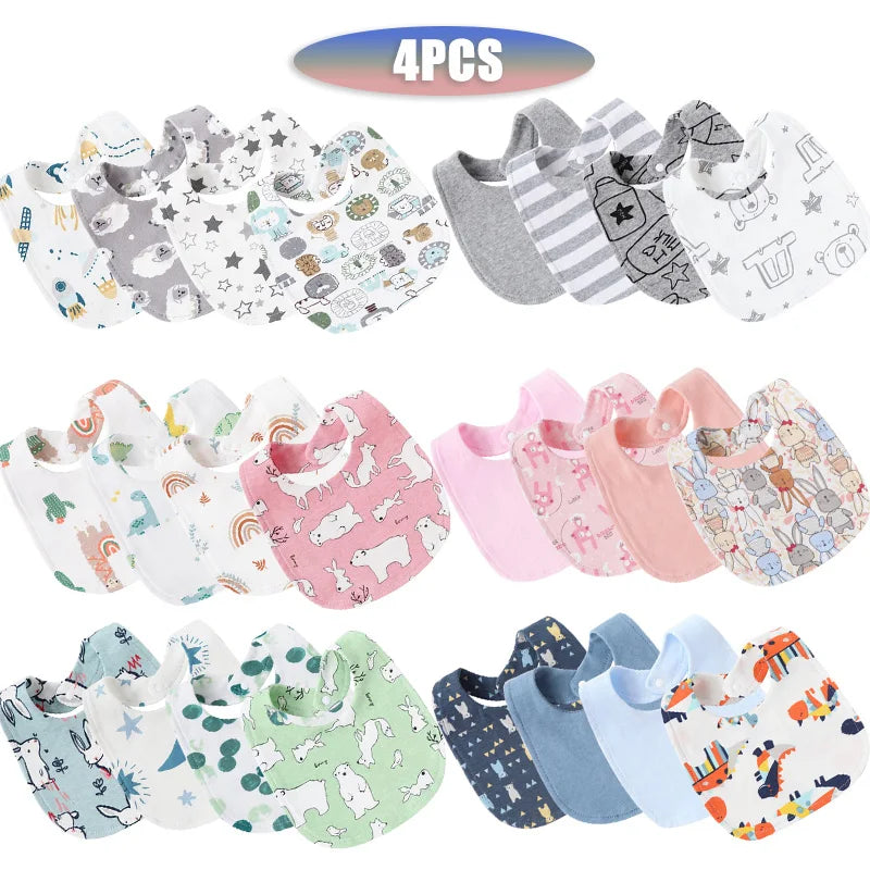 4Pcs/Set Infant Saliva Towel Baby Bibs | Cute Printed Double Layer Cotton Absorbent Burp Cloths for Newborn Boys & Girls with Pocket - Kidzy Market