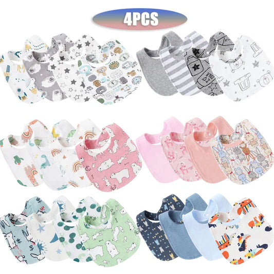 4Pcs/Set Infant Saliva Towel Baby Bibs | Cute Printed Double Layer Cotton Absorbent Burp Cloths for Newborn Boys & Girls with Pocket - Kidzy Market