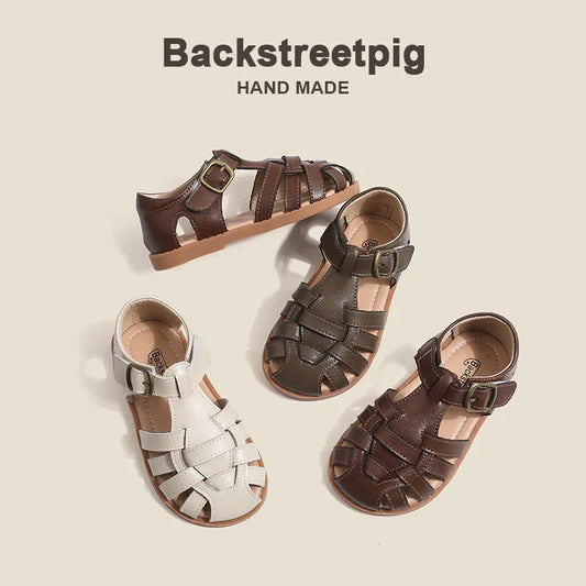 Children’s Sandals – Girls’ Fashion Roman Braid Genuine Leather Sandals, Anti-Slip Soft Bottom Summer Shoes, Size 22-31