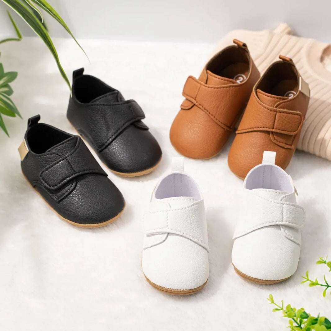 Meckior Baby Boys Girls Shoes Rubber Sole Anti-Slip Classic PU Leather Toddler First Walking Flat Lazy Infants Crib Shoes