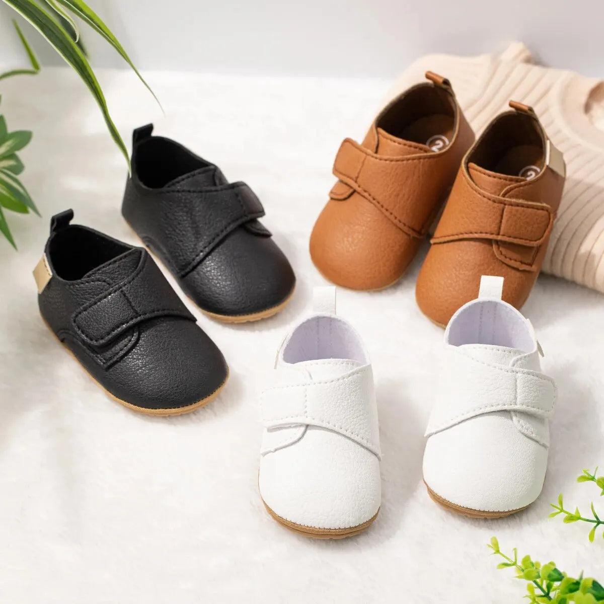Meckior Baby Boys Girls Shoes Rubber Sole Anti-Slip Classic PU Leather Toddler First Walking Flat Lazy Infants Crib Shoes