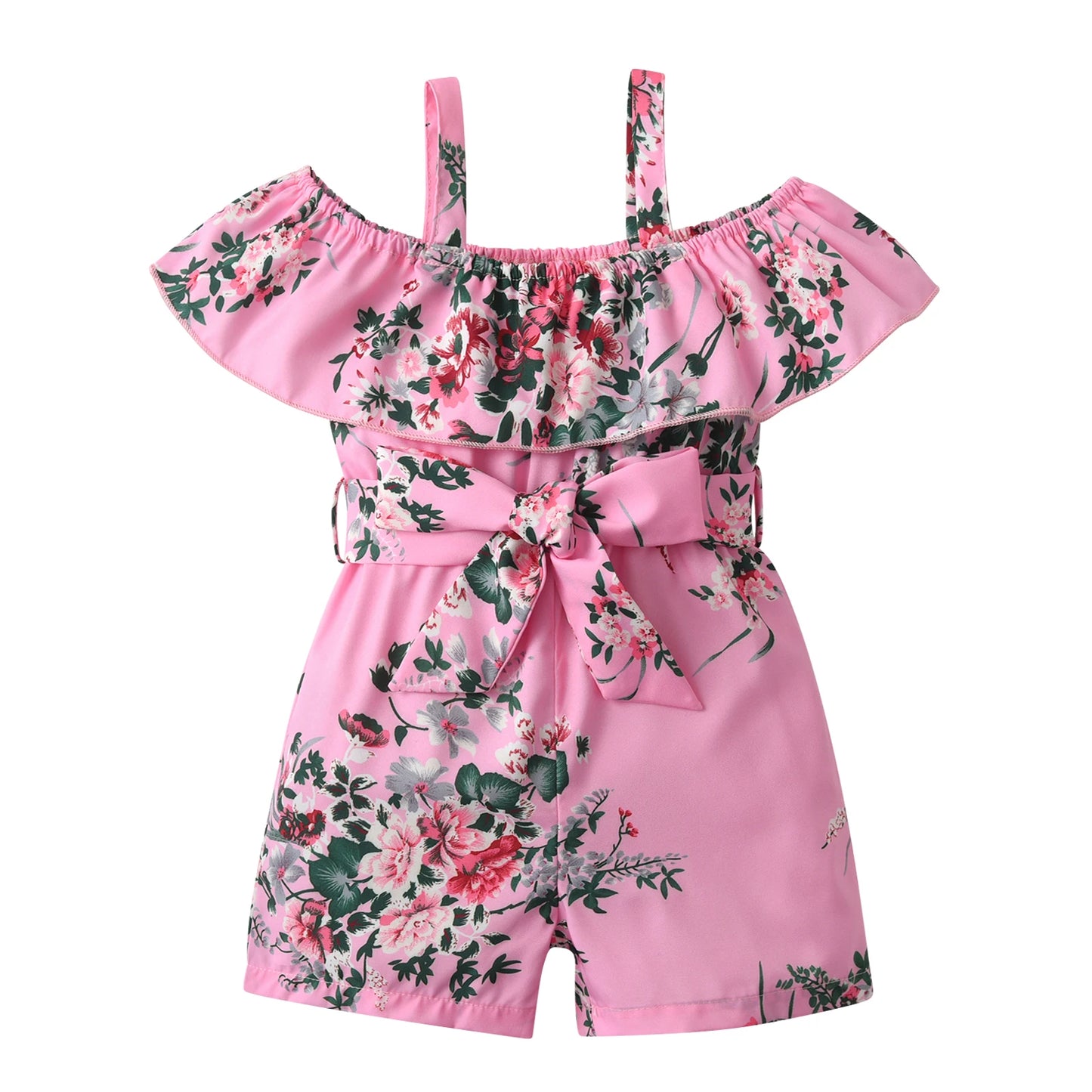 Girls' Summer Floral Jumpsuit – Ruffled Camisole Romper with Lace-Up Detail (Resort Style, 1-5 Years)