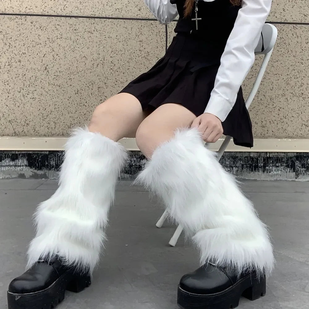 Japanese White Faux Fur Leg Warmers - Boot Covers | Y2K Goth Solid Leg Socks | Punk JK Knee-Length Hiphop Hotgirl Fashion Warm Socks