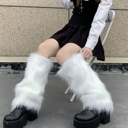 Japanese White Faux Fur Leg Warmers - Boot Covers | Y2K Goth Solid Leg Socks | Punk JK Knee-Length Hiphop Hotgirl Fashion Warm Socks