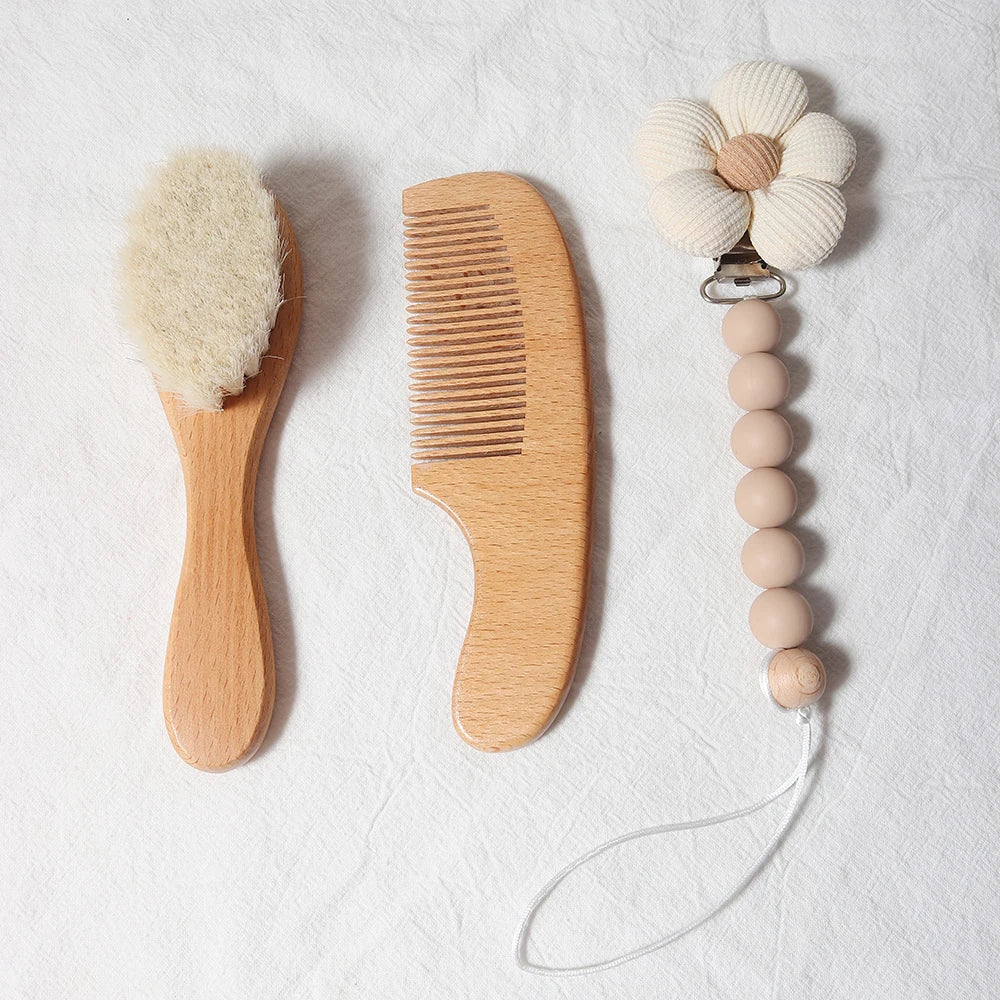 Baby Comb Brush Set - Newborn Gift Set with Natural Wool Beech Wooden Comb, Baby Bib, Pacifier Clip, and Hair Brush