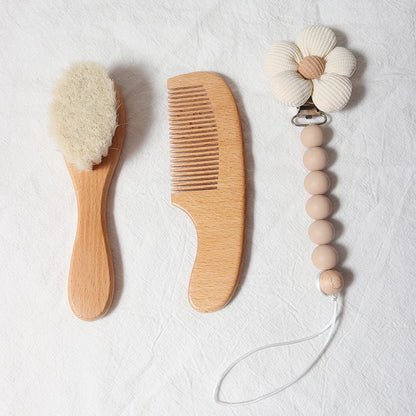 Baby Comb Brush Set - Newborn Gift Set with Natural Wool Beech Wooden Comb, Baby Bib, Pacifier Clip, and Hair Brush
