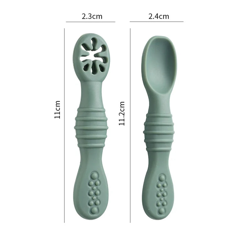 2PCS Baby Learning Spoons Set - Silicone Toddler Liquid Food Spoon & Fork Utensils, Soft Scoop Weaning Cutlery, Baby Feeding Tableware