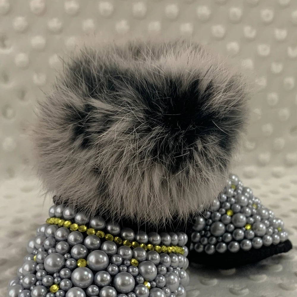 Dollbling Mommy & Daughter Custom Pearls Boots - Handmade Luxury Fur Infant Beaded Winter Booties