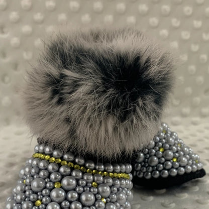 Dollbling Mommy & Daughter Custom Pearls Boots - Handmade Luxury Fur Infant Beaded Winter Booties