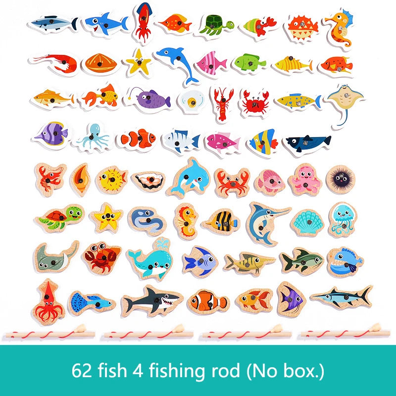 Montessori Wooden Magnetic Fishing Toys – Marine Life Cognition, Early Educational Parent-Child Interactive Game