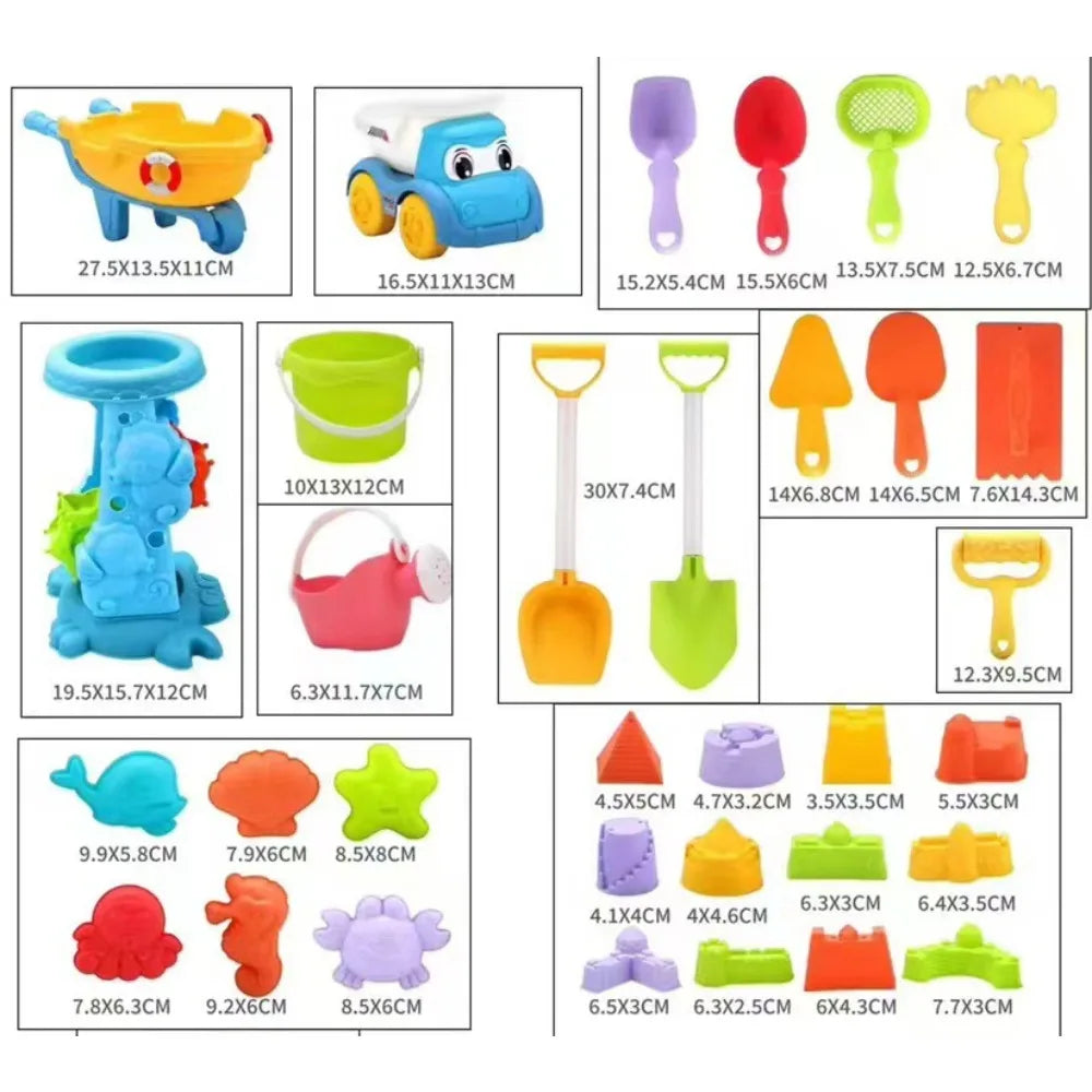 Kids Beach Sand Toy Set With Bucket, Shovel, Rake & Dinosaur Animal Molds — Travel Sandbox Kit