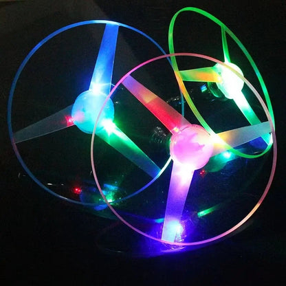 Luminous Pull-Line LED Flying Saucer Toy with Launcher — Light-Up Rotating Disk Flyer for Kids & Pets, Outdoor Fun