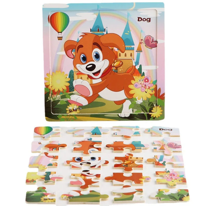 New 20 Piece Wooden 3D Puzzle, Cartoon Animal & Vehicle Jigsaw, Montessori Educational Toy for Kids, Baby 1-3 Years