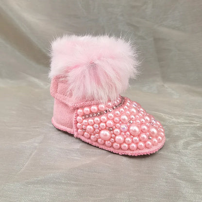Dollbling Mommy & Daughter Custom Pearls Boots - Handmade Luxury Fur Infant Beaded Winter Booties