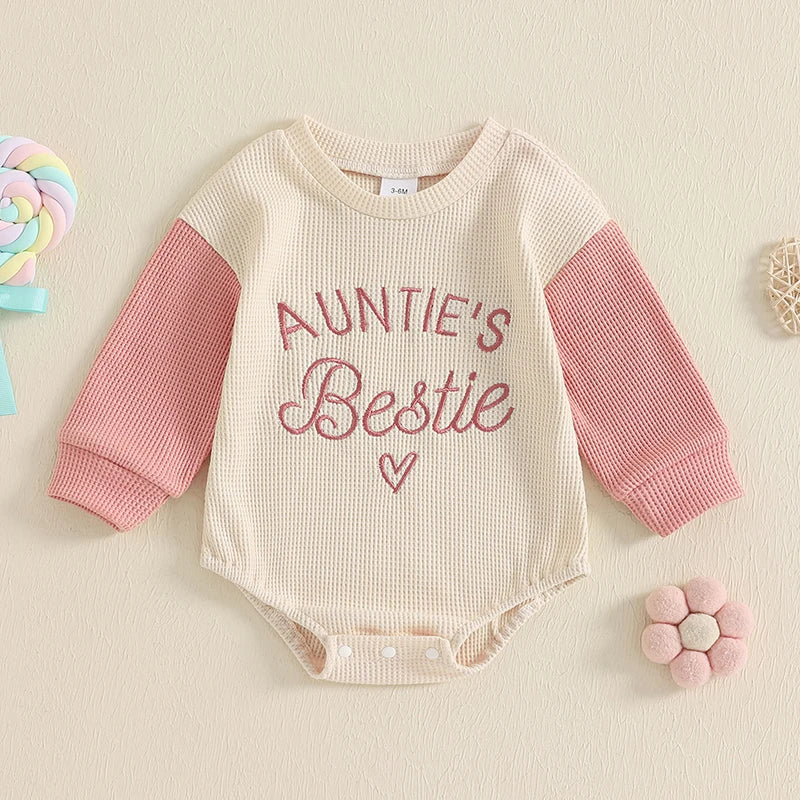 Newborn Baby Girl Romper – Long Sleeve "Auntie's Bestie" Embroidery Waffle Bodysuit Shirt – Casual Fall Outfits for Girls