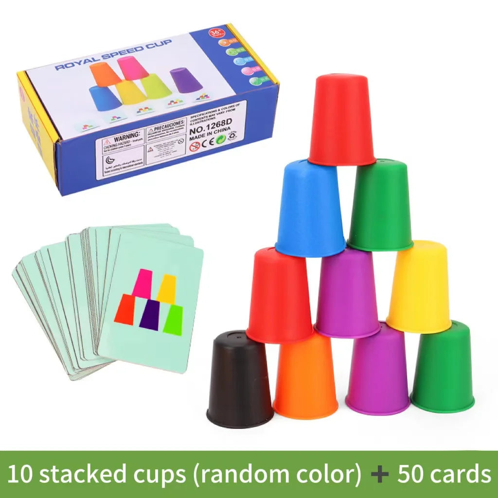 Montessori Mini Stack Cups Set - 10 Cups and 50 Cards Educational Color Matching Toy