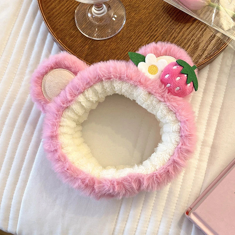 Strawberry Bear Plush Ear Face Wash Headband - Cute Cartoon Non-Slip Hairband for Women, Soft Cashmere