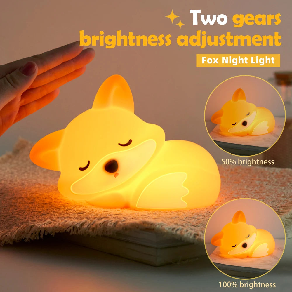 Silicone Fox Night Light Rechargeable Squishy Touch Sensor Timing Nursery Bedside Lamp Gift Room Decor