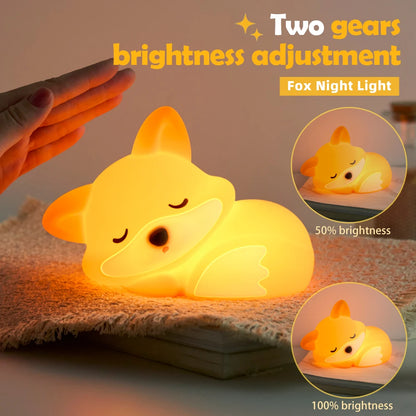 Silicone Fox Night Light Rechargeable Squishy Touch Sensor Timing Nursery Bedside Lamp Gift Room Decor