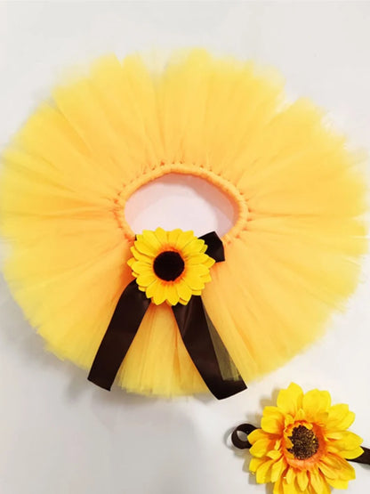 Baby Photography Unique Sunflower Design Newborn Outfit Tutu Bow Skirt Flower Headdress for 0-1 Month