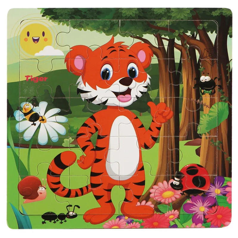 New 20 Piece Wooden 3D Puzzle, Cartoon Animal & Vehicle Jigsaw, Montessori Educational Toy for Kids, Baby 1-3 Years