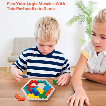 Hexagonal Wooden Puzzles, IQ Game Educational Toy for Children, Kids & Adults, Tangram Board IQ Brain Teaser, Montessori Gift Toy