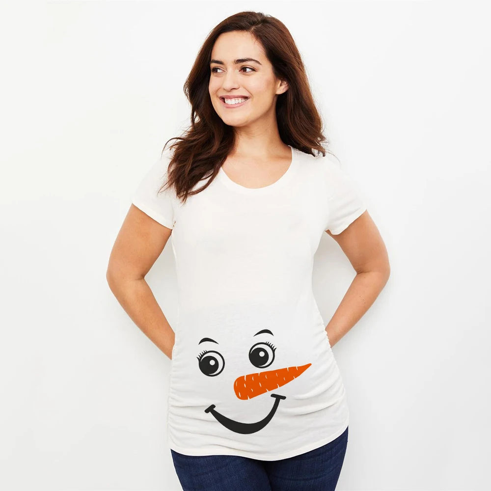 Christmas Pregnant Women T-shirt Snowman Cartoon Printed Pregnancy Announcement Clothes Maternity White Short Sleeve Top