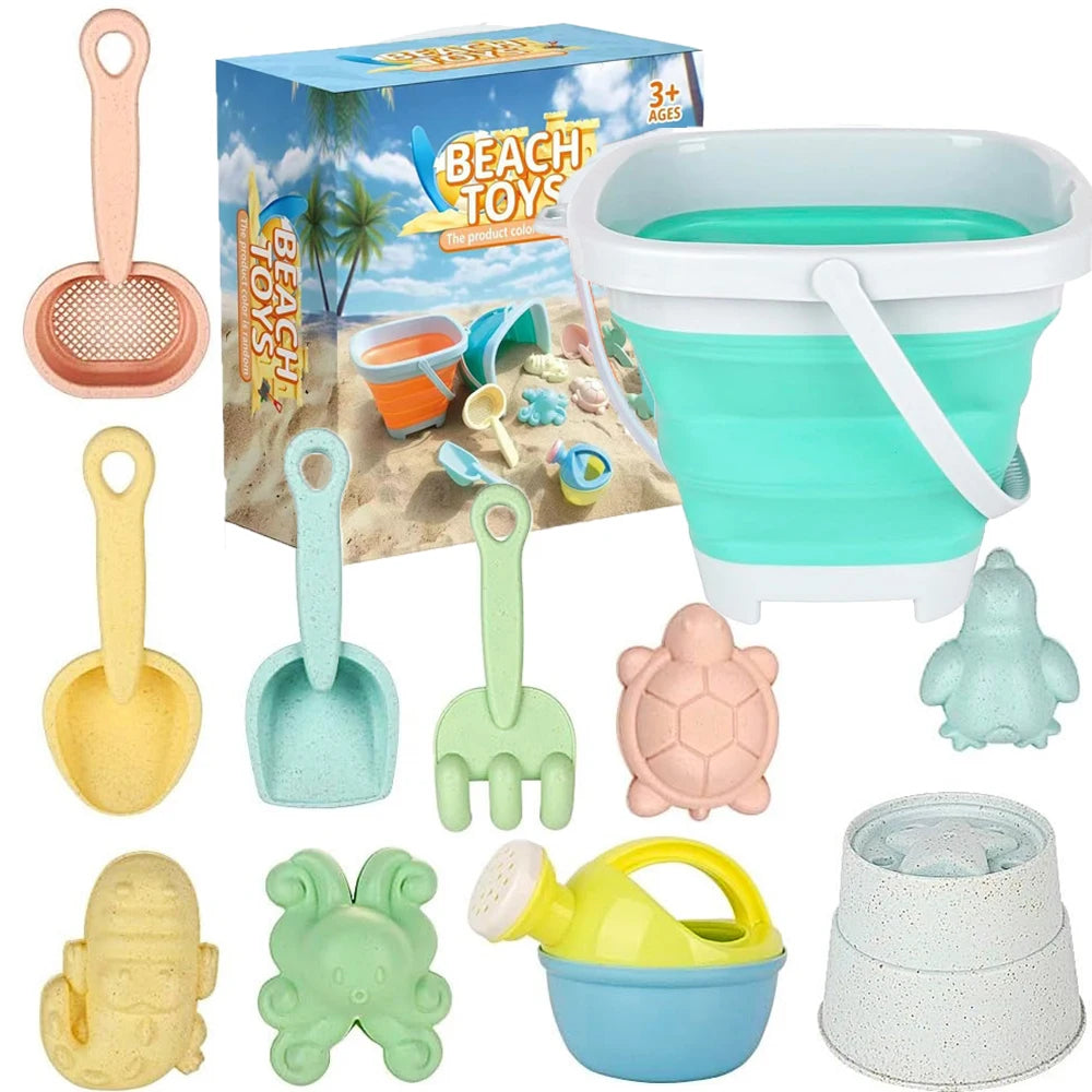 11Pcs Beach Toy Set With Collapsible Bucket, Shovel & Sand Molds — Summer Outdoor Sandbox Toys
