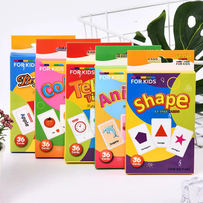 36Pcs Kids Cognition Cards - Shape, Animal, Color Teaching Baby English Learning Word Cards, Educational Montessori Gift