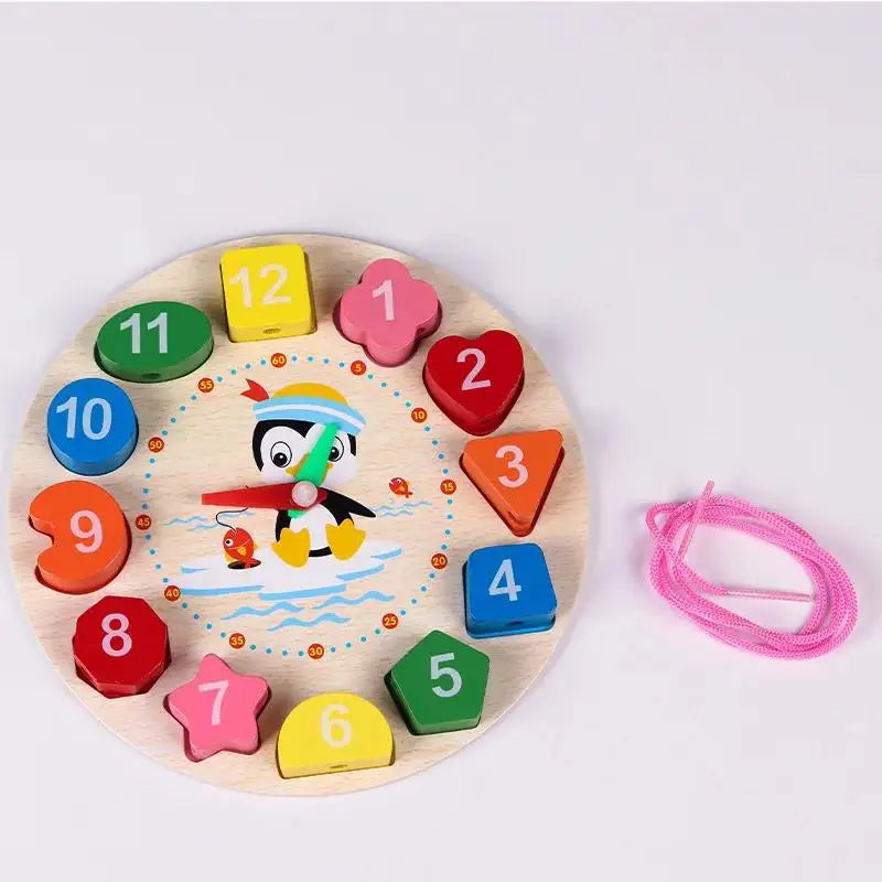 Wooden Number Blocks Puzzle, Shape & Color Sorting Clock, Montessori Toy for Kids, Early Education, Penguin Patterns, Time Learning