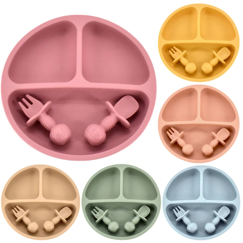 4Pcs Baby Safe Silicone Dining Plate Set - Cute Cartoon Smile Face Children Dishes, Retro Kids Tableware Set (BPA-Free)
