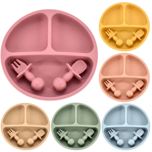 4Pcs Baby Safe Silicone Dining Plate Set - Cute Cartoon Smile Face Children Dishes, Retro Kids Tableware Set (BPA-Free)