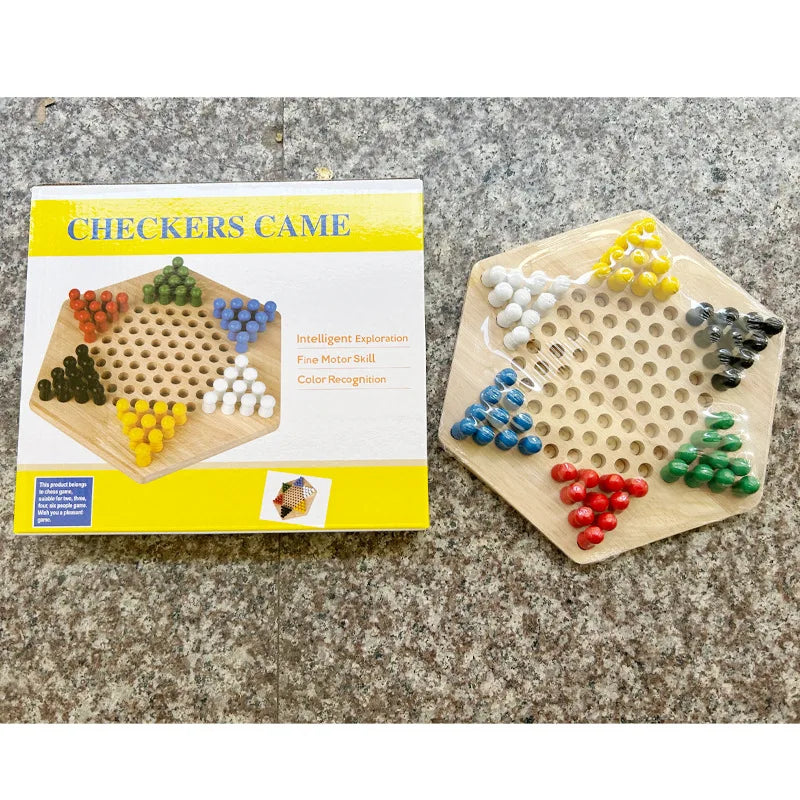 Hexagonal Checkers Parent-Child Puzzle Game Wooden Jumping Beads Educational Toy Board Game