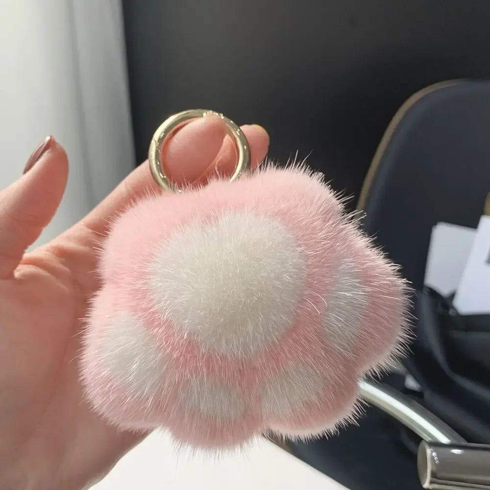 Fluffy Faux Fur Cat Paw Keychain, Plush Pendant for Backpack or Car
