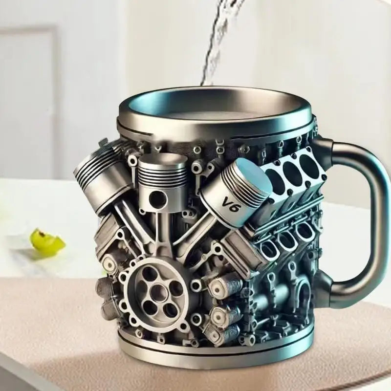 Handmade 3D V8 Engine Tankard — Resin & Stainless Steel Coffee & Beer Mug for Home, Office, Garage