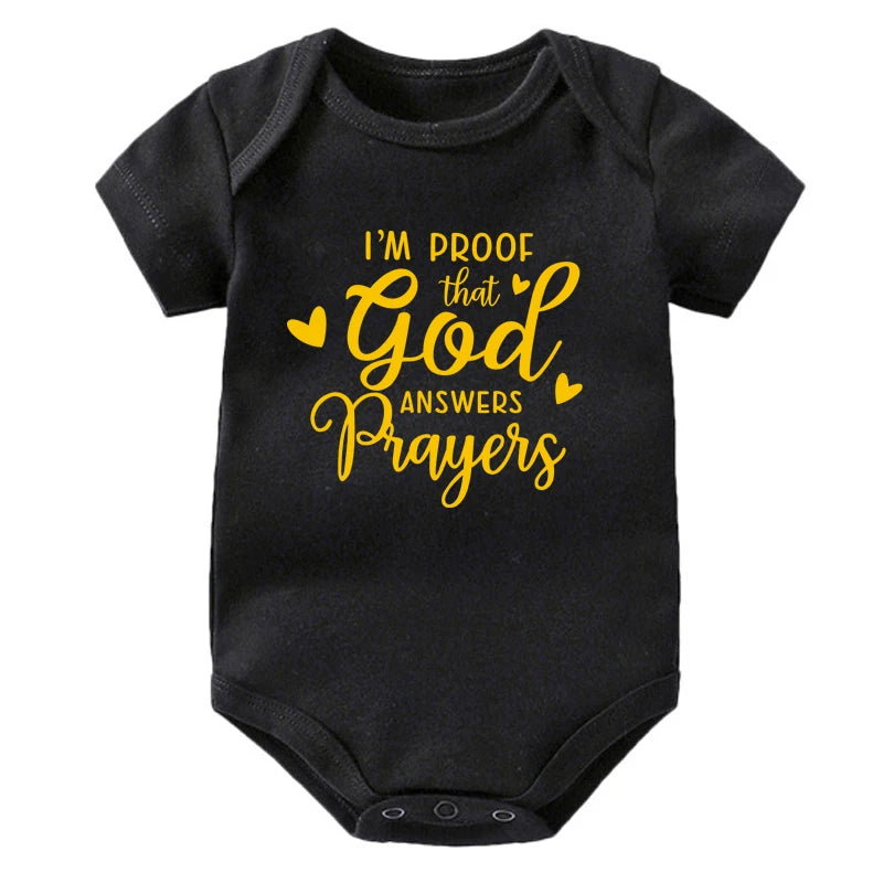 “I’m Proof God Answers Prayers” – Christian Newborn Baby Bodysuit, Short-Sleeve Infant Jumpsuit, Cute Summer Outfit & Holiday Gift