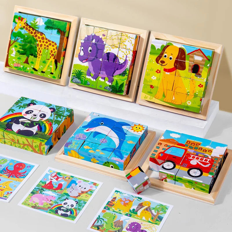 Six-Sided Painted Wooden Puzzle – 3D Traffic & Animal Building Blocks, Early Education Educational Toy for Kids