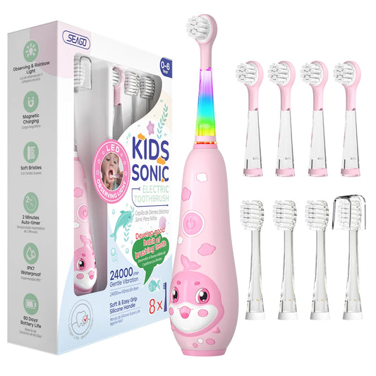 Seago Kids Electric Toothbrush - Sonic Child Dolphin Design with LED Smart Timer - IPX7 Waterproof Teeth Cleaning