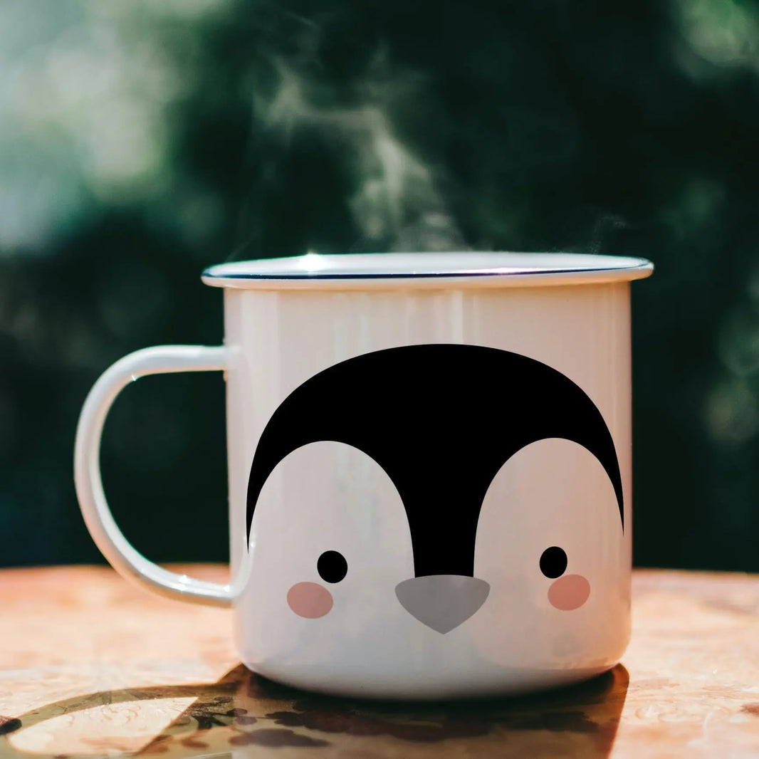 Penguin Enamel Campfire Mug, White Penguin Print — 11 oz (360 ml) Metal Camping Coffee Mug, Kids Birthday Gift