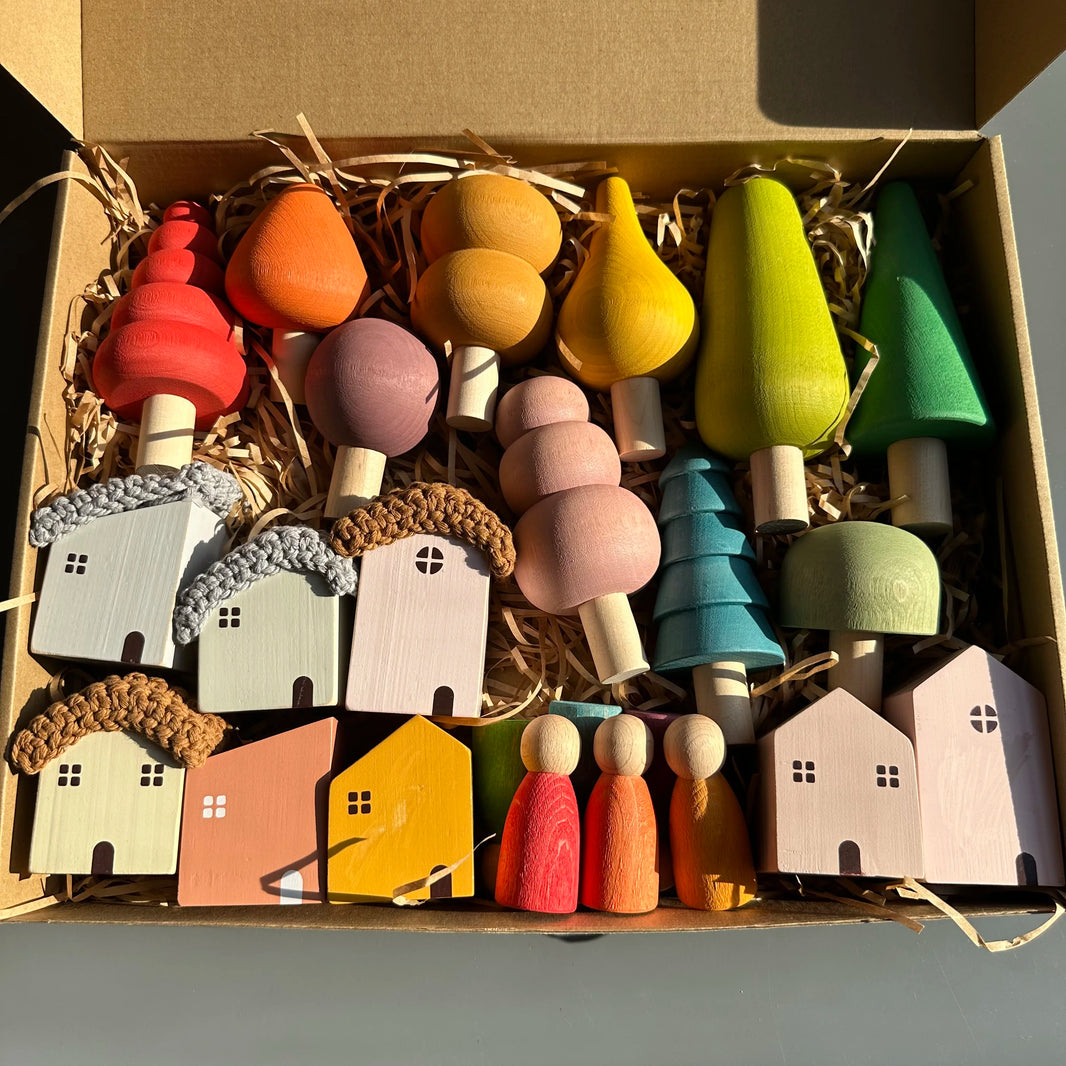 Kids Wooden Pastel Nordic Building Blocks – Stacking Crochet House, Animals, Rainbow, and Forest Tree Toys