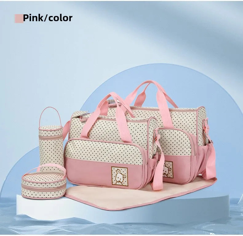 5-Piece Stylish Portable Mommy & Baby Bag – Large Capacity Diaper Bag with Built-in Changing Pad & Independent Bottle Compartment - Kidzy Market
