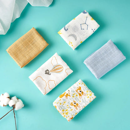 Elinfant 5-Piece Gift Set – Bamboo Cotton Muslin Bibs & Burp Cloths, 100% Cotton, 60x60cm, 2 Layers Baby Scarf & Handkerchief - Kidzy Market